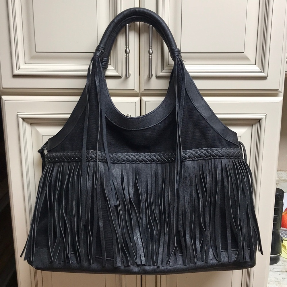 Large Black Fringed Canvas Shoulder Bag